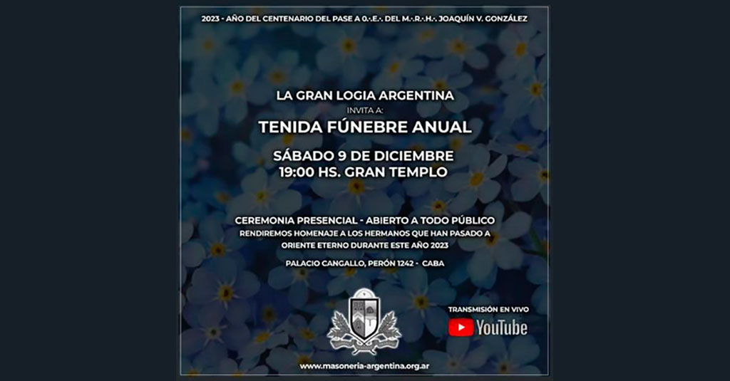 Tenida Fúnebre Anual, sábado 9 de diciembre, 19 horas